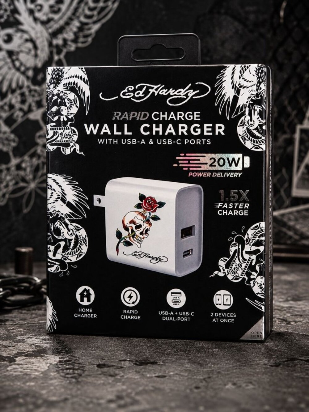 Ed Hardy Rapid Wall Charger Phone USB-A & C Ports White Skull Flower NEW